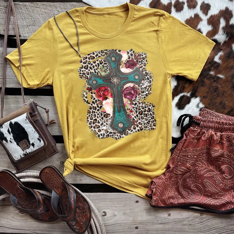 Leopard Flower Retro Cross Graphic Women Casual T-shirt Designer