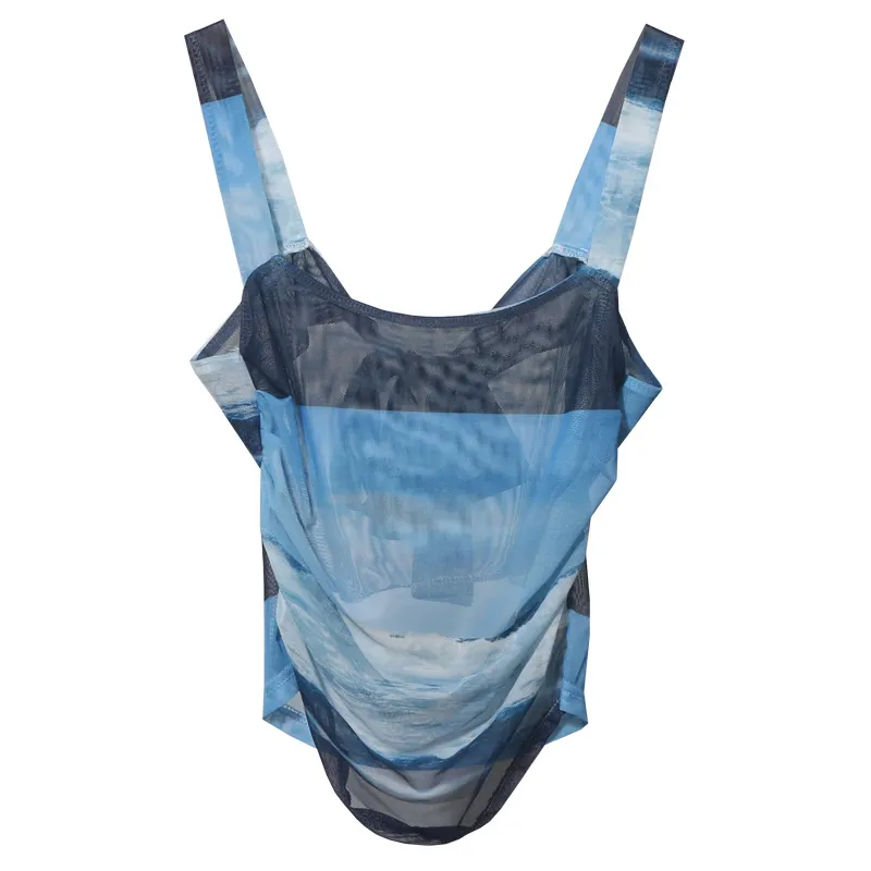 Churchf Hottie Tie Dye Irregular Sleeveless Small Sleeveless Sleeve Strip Back Strap Bow Strap Bow Blouse 8757