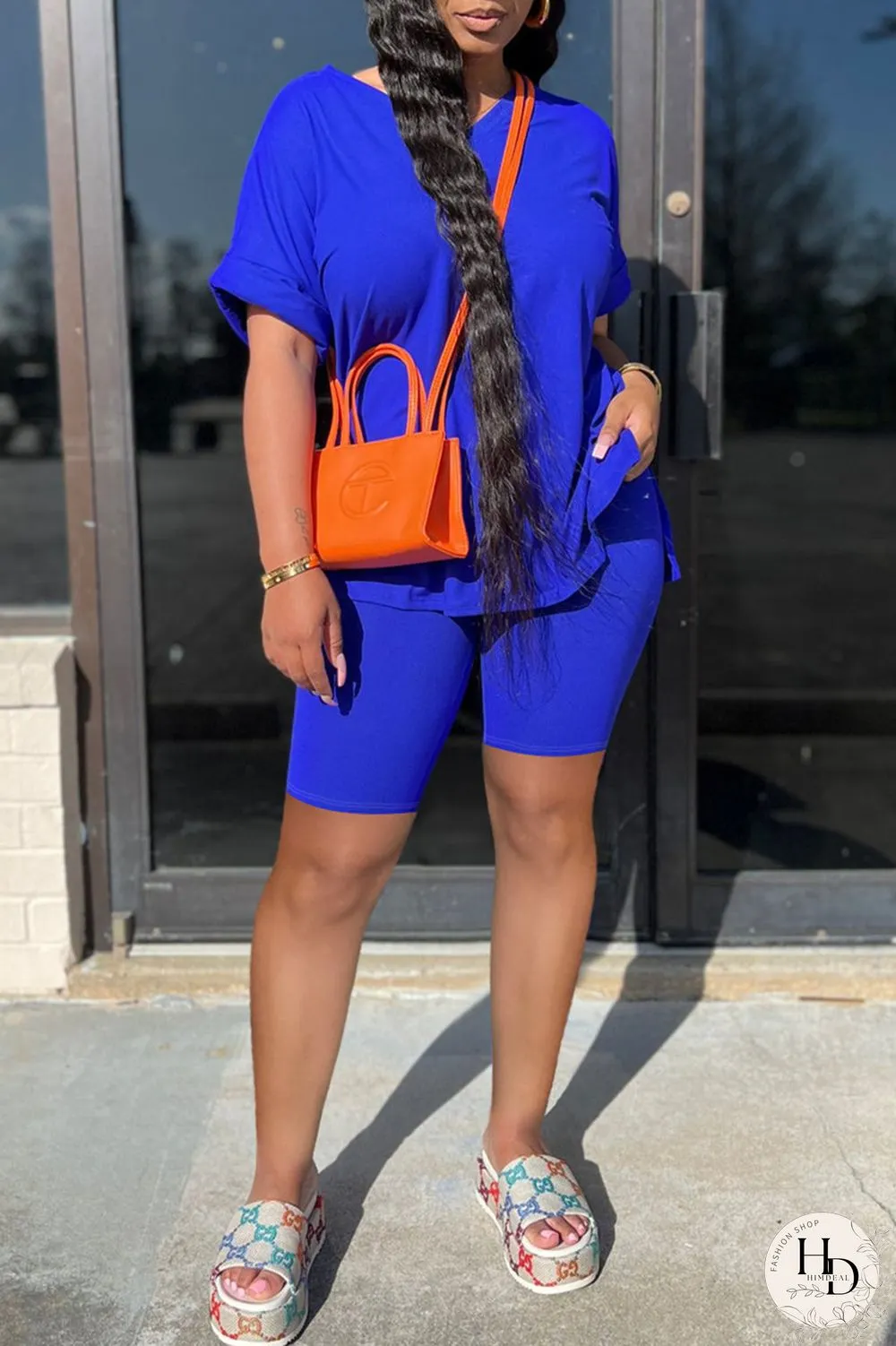 Blue Fashion Casual Solid Slit V Neck Short Sleeve Two Pieces