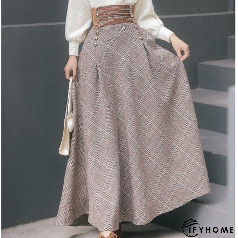 Women Checkered Skirts Vintage High Waisted Button Long Maxi Cotton-Blend Drawstring Skirts | IFYHOME