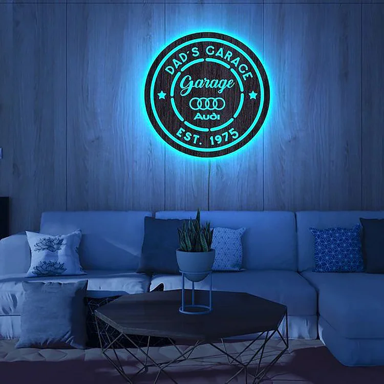 Custom Name Round Wooden Garage Sign LED Neon Lights