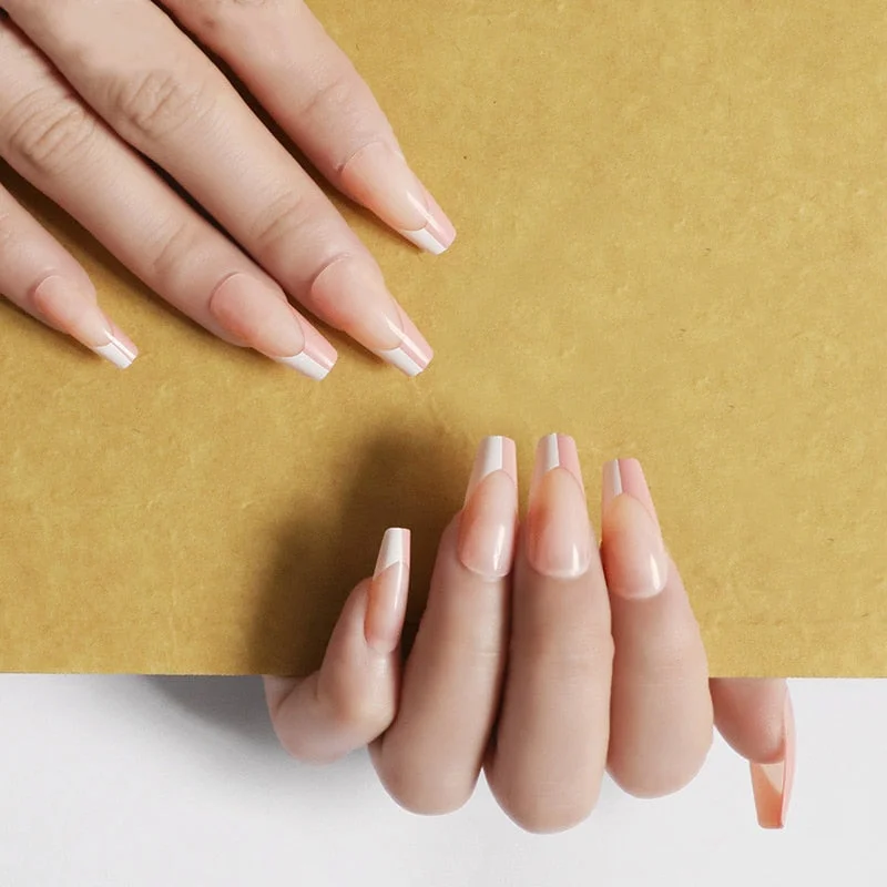 24pcs/box fake nails with glue designed colourful Gold thread rainbow paragraph press on nails coffin girls nail tips stick-on-Nail Inspo