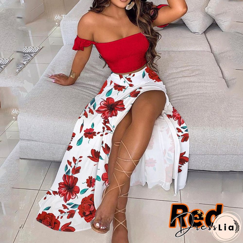 Newest Fashion Summer Women Elegant Two Pieces Sets Cropped Top & Split Skirt Temperament Drop-Shoulder Frilled Top And High Waist Split Dress