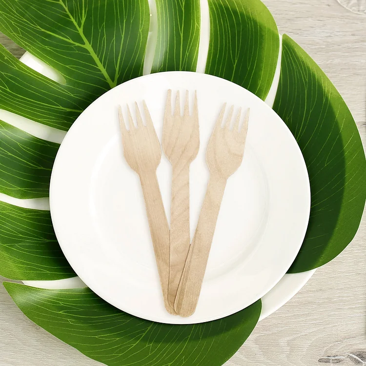 100 Pack Biodegradable Birchwood Picnic Forks, 6" Eco Friendly Disposable Wooden Cutlery