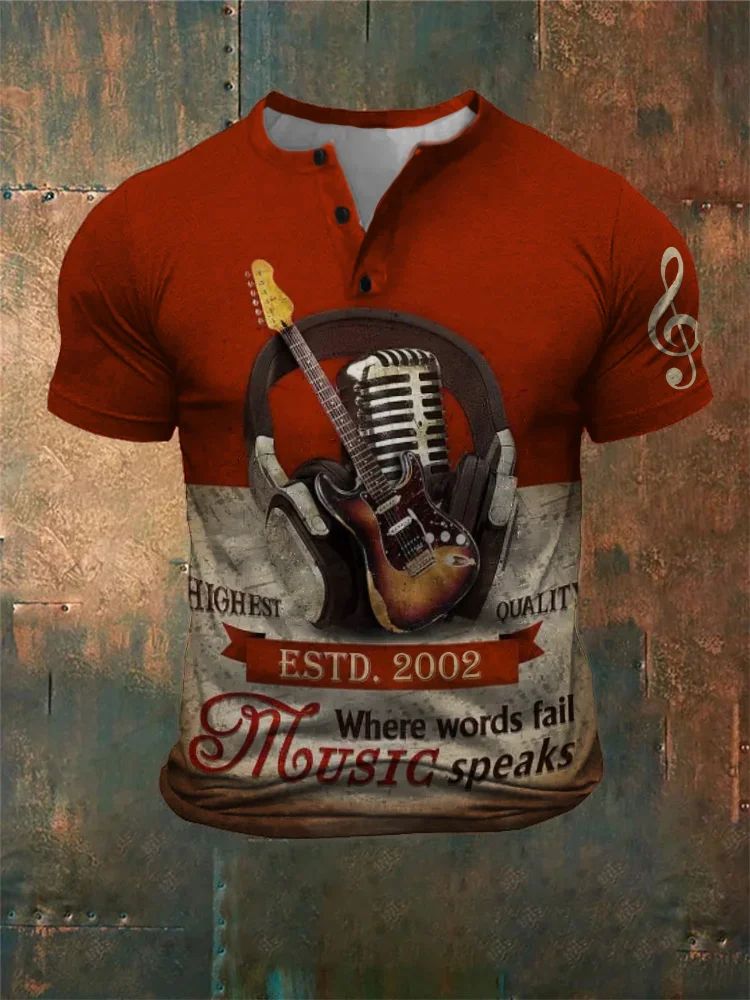 Broswear Men's Vintage Music Lover Contrast Color Henley Shirt