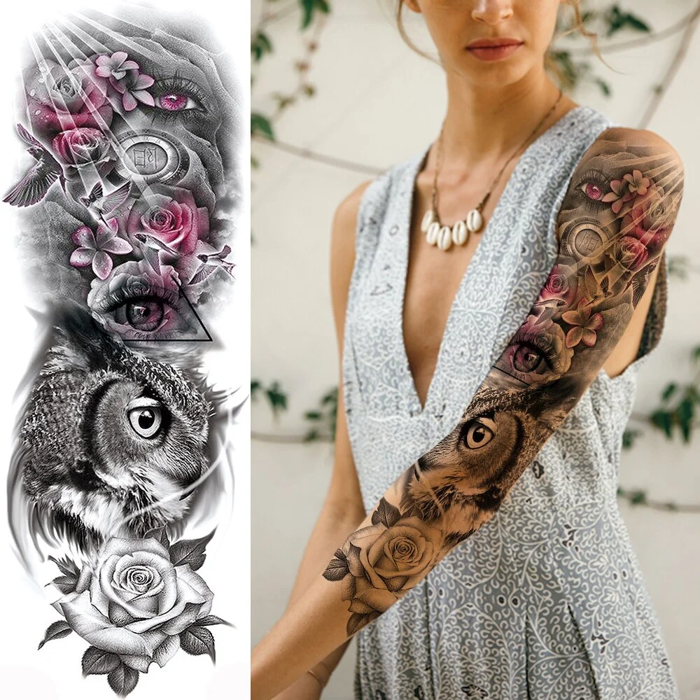 Sexy Long Full Arm Rose Clock Temporary Tattoos For Men Women Tatoo Body Leg Art Makeup Large Tiger Flower Fake Tattoo Stickers