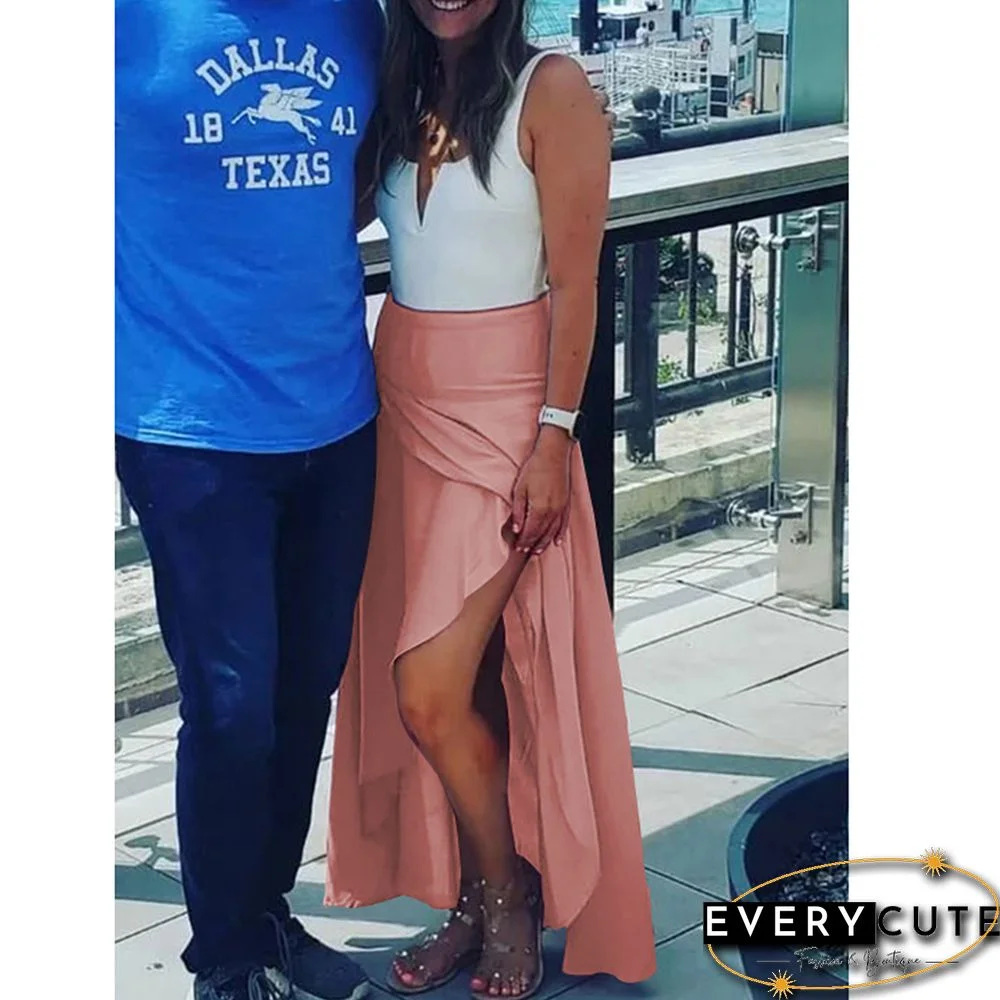 Pink High Low Ruffled Hem Irregular Skirt