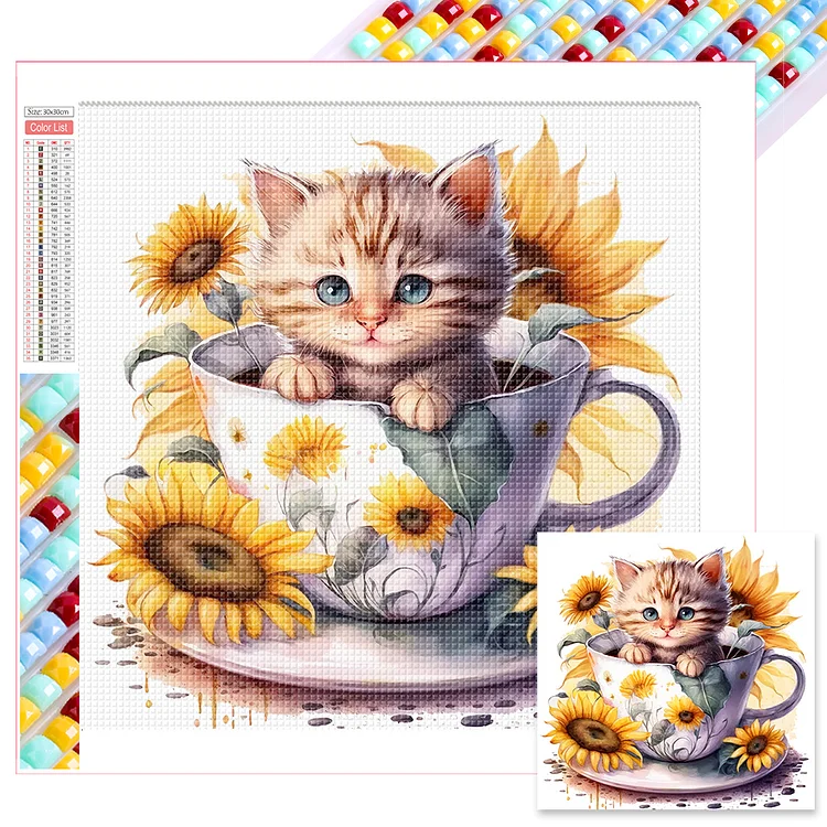 Full Square Drill Diamond Painting -Sunflower Teacup Cat - 40*30cm