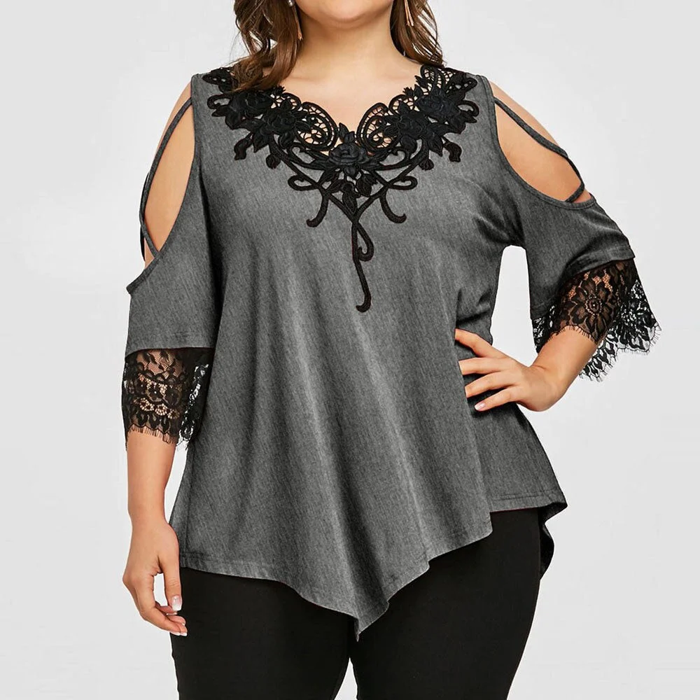 2019 Women Lace Off Shoulder V-Neck Loose Blouses Tops Summer Top Casual Loose Short Sleeve Blouse Female Shirts Blusa Plus Size