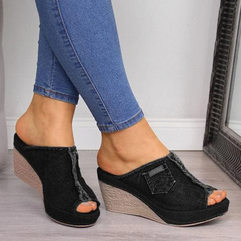 Tanguoant Tanguoant Slipper Female Platform Denim Small Pocket High Heels One Word Fish Mouth Slipper Female