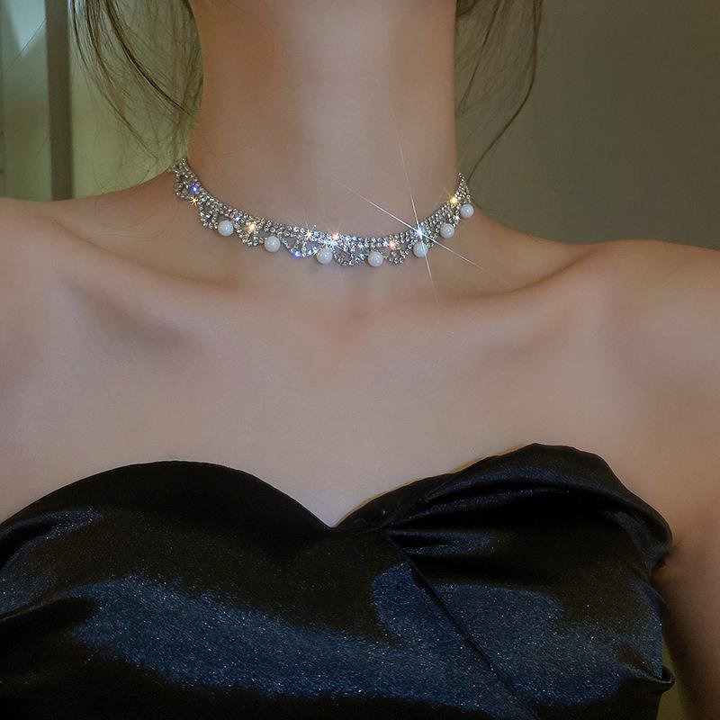 Bling Rhinestone&Pearl Choker Necklaces Party Jewelry-VESSFUL