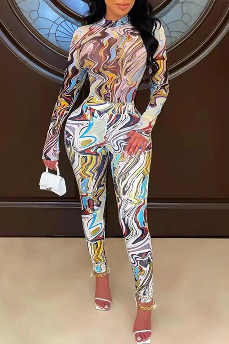 Fashion Casual Print Basic Half A Turtleneck Skinny Jumpsuits