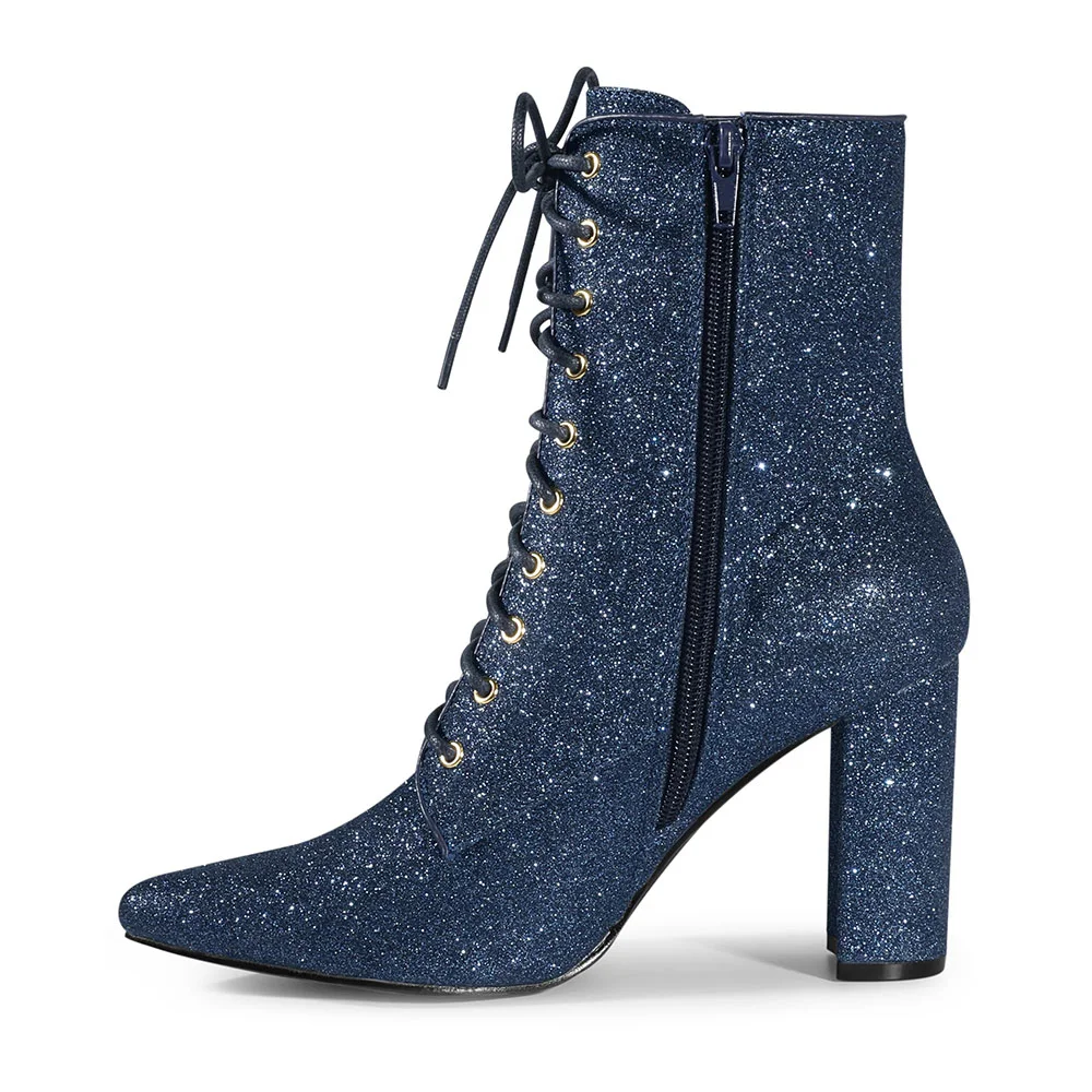 Women's Navy Chunky High Heel Side Zipper Glitter Lace Up Boots
