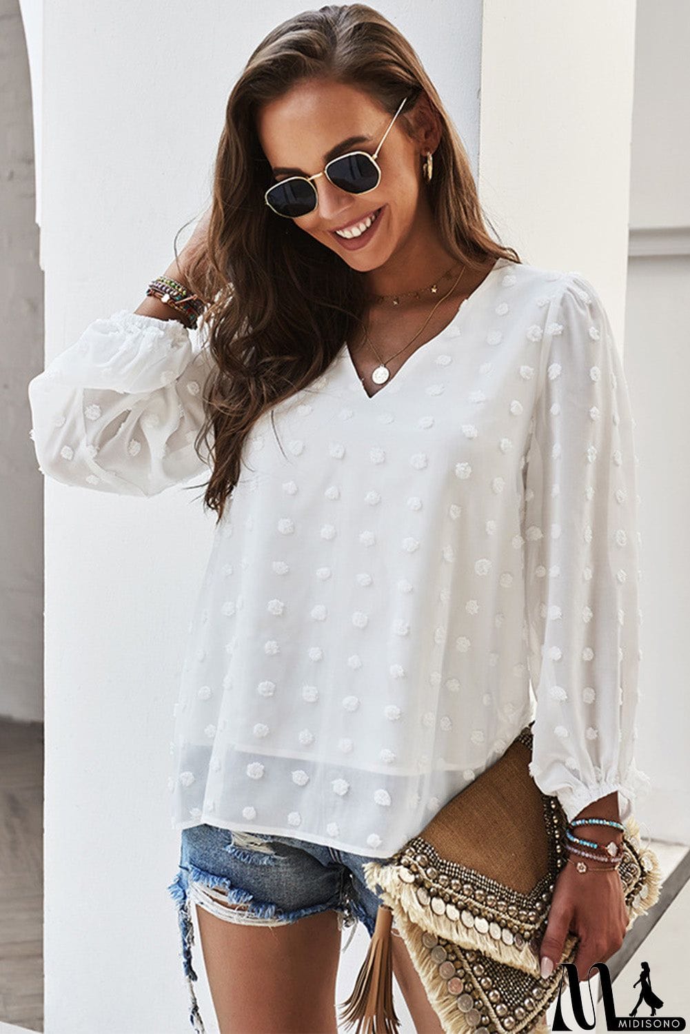 MidiSono - Swiss Dot Bubble Sleeve Blouse