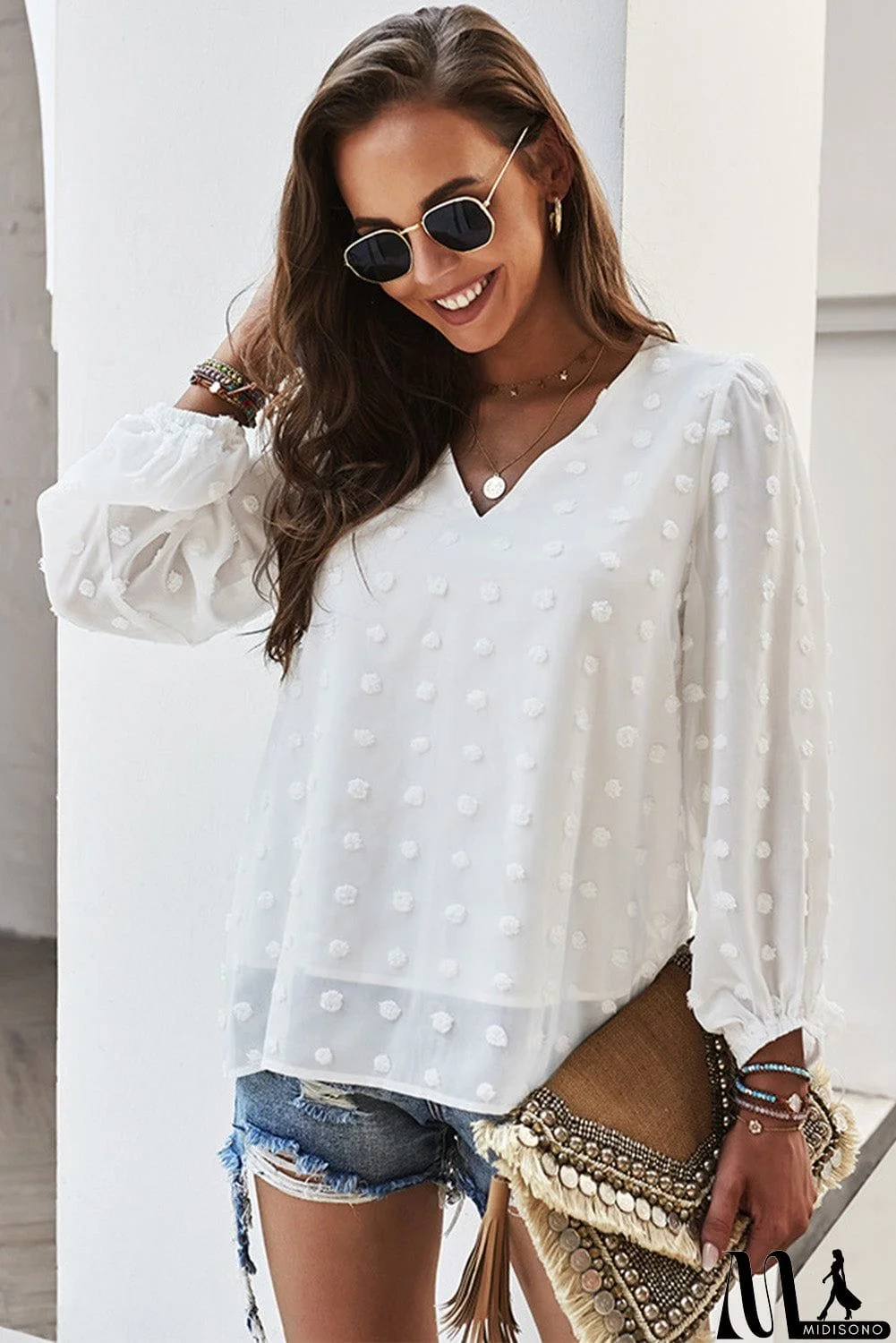 MidiSono - Swiss Dot Bubble Sleeve Blouse