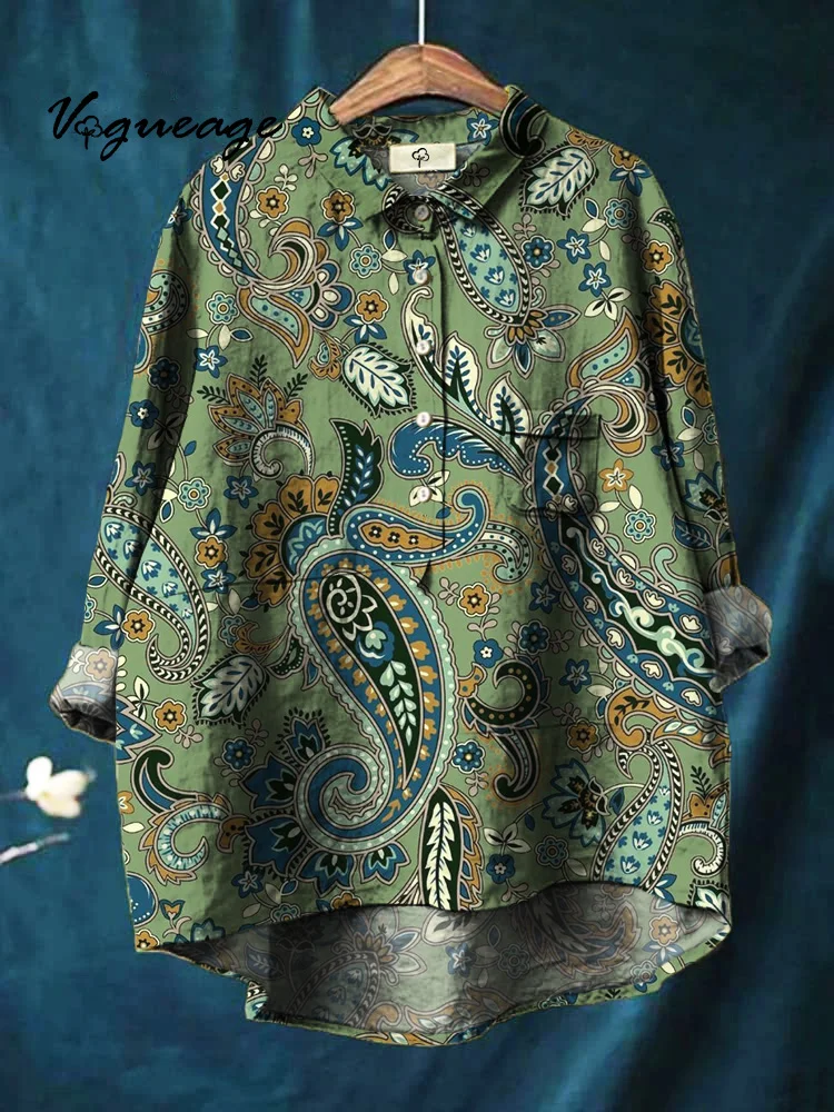 Elegant Curve Line Leaf Plant Print Cotton And Linen Shirt