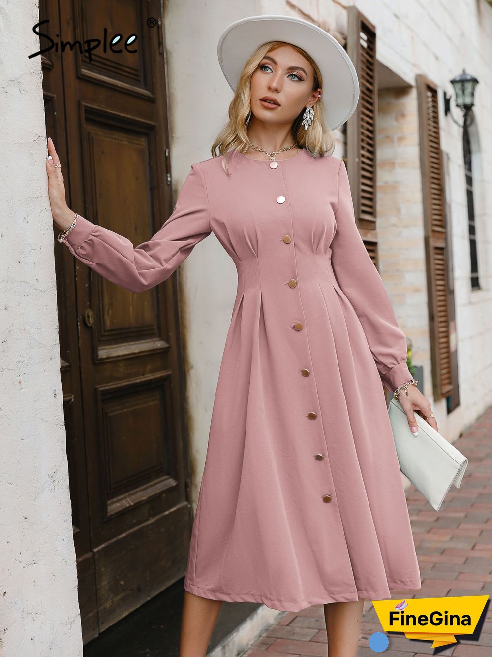Vintage A-line buttons women dress autumn Elegant o-neck blue midi dresses Office lady female long sleeves solid vestido