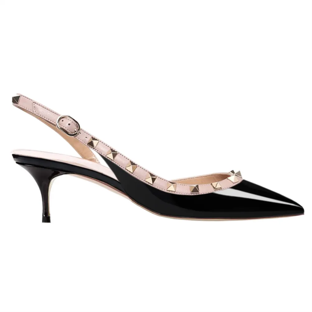 60mm Women's Midd Heels Pumps Rivets Buckle Closure Black Sandals-vocosishoes