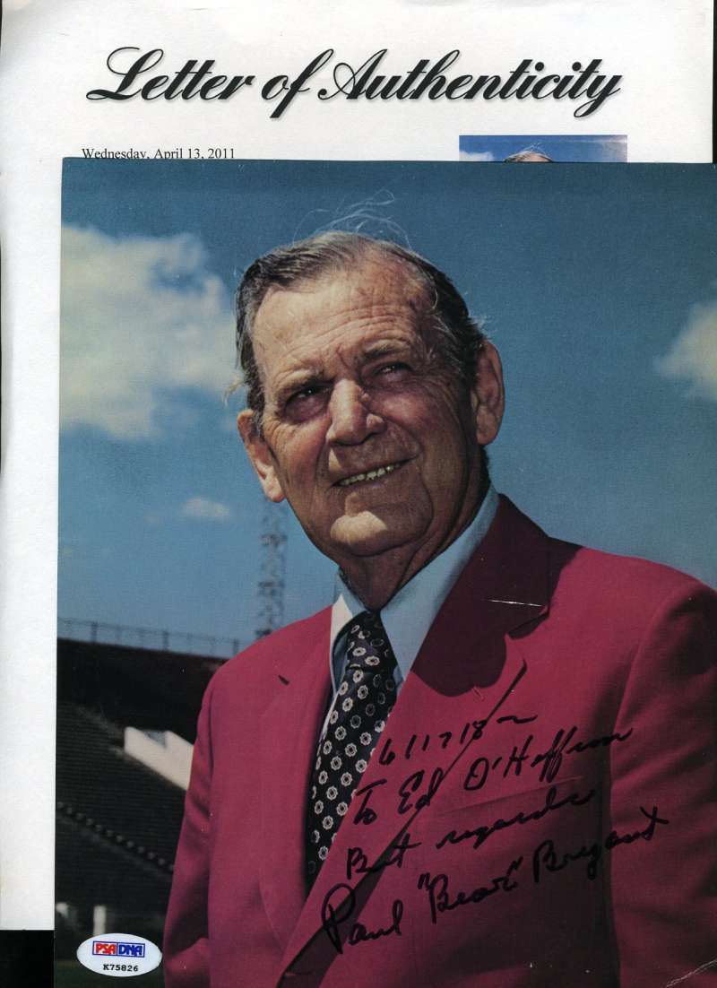 Paul Bear Bryant Psa Dna Loa Autograph 8x10 Photo Poster painting Hand Signed