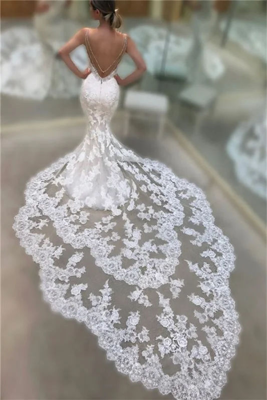 Daisda Mermaid Backless Spaghetti-Straps V-Neck Long Wedding Dress With Lace
