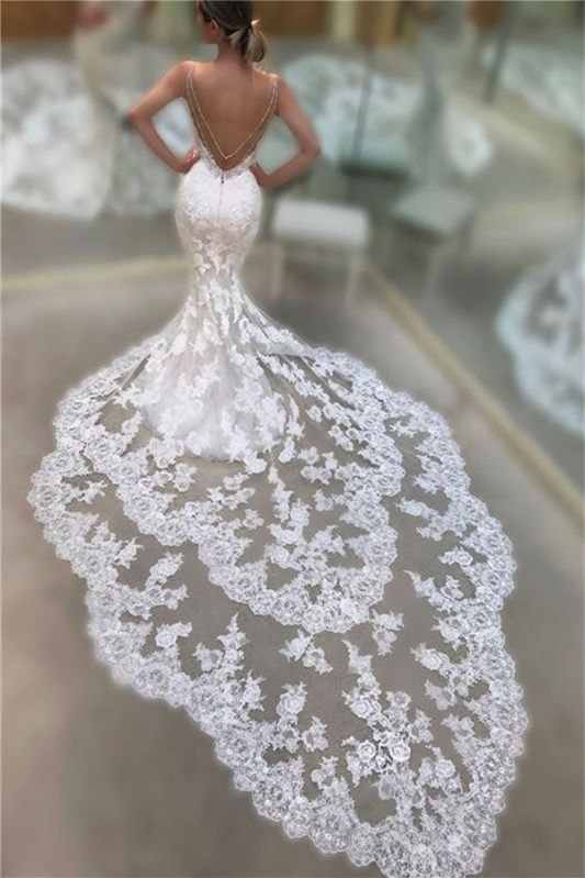 Backless Spaghetti-Straps V-Neck Long Mermaid Wedding Dress With Lace | Ballbellas Ballbellas