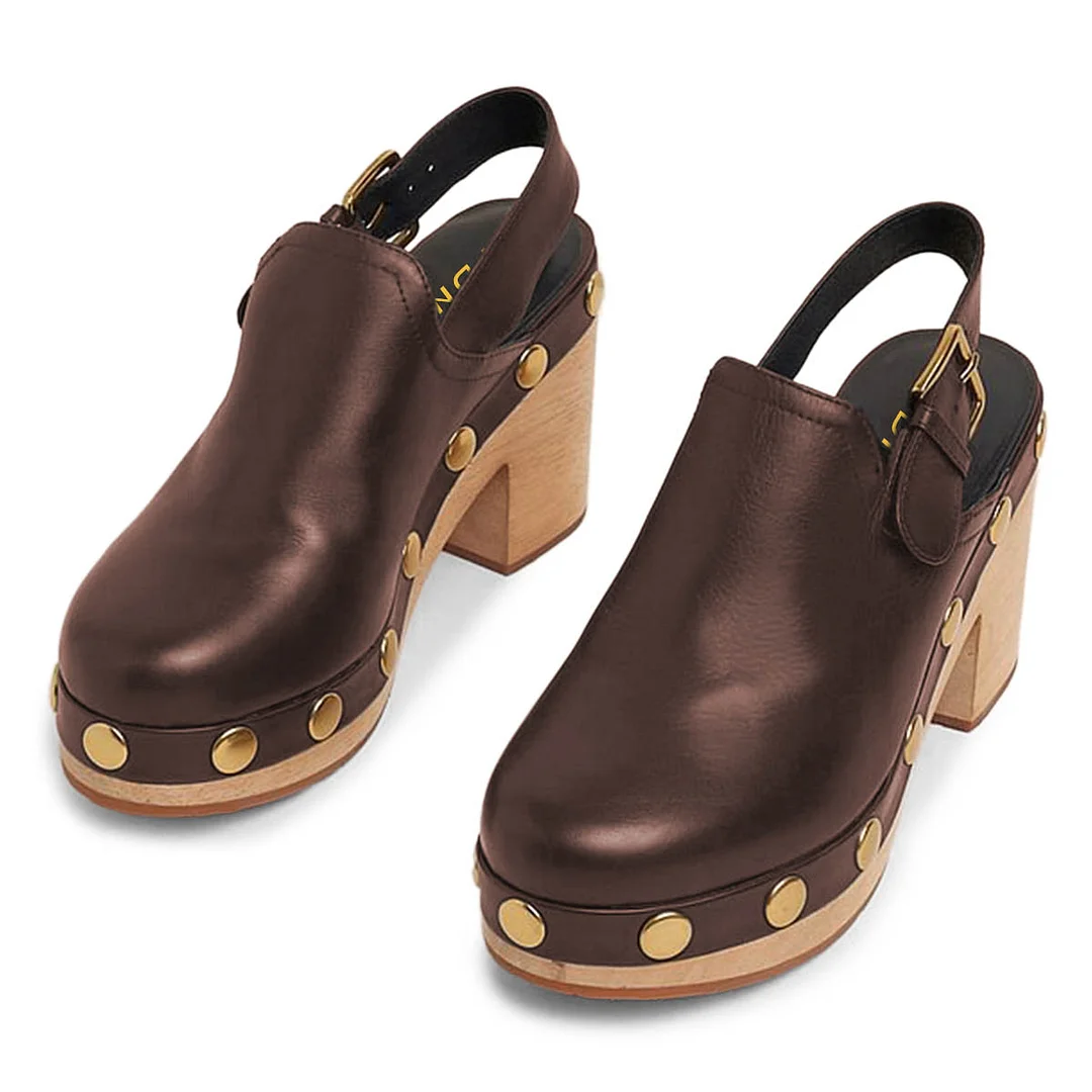 Brown Vegan Leather Round Toe Studded Slingback Heels with Platform
