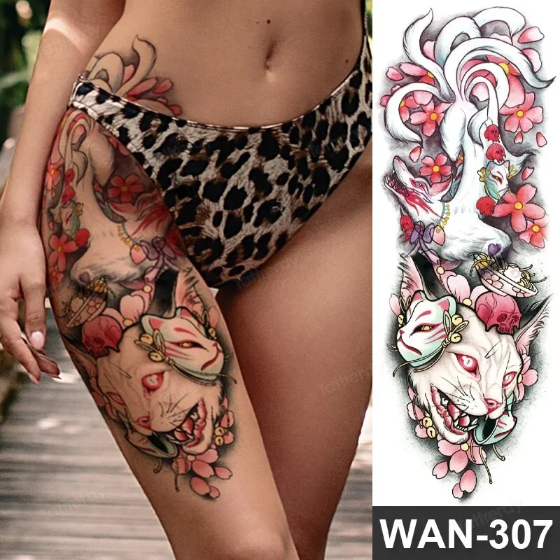 Sdrawing Size Leg Thigh Temporary Tattoo Stickers Full Arm Sleeve Wolf Carp Fox Peony Flower Fake Tattoo Sleeves Sexy Body Painting