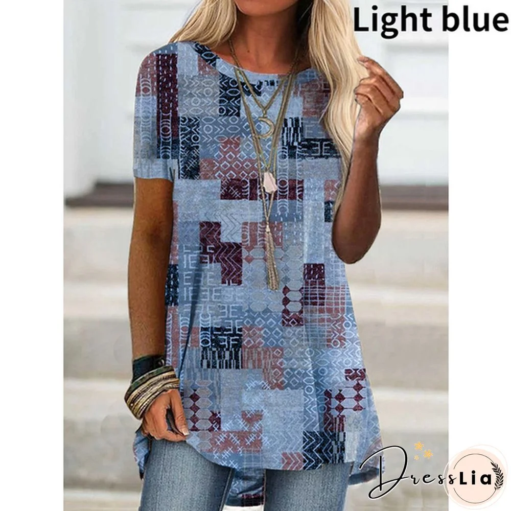 Women Fashion Floral Graphic Printed Short Sleeve Casual Tunic Loose Plus Size O-neck Tops Blouse