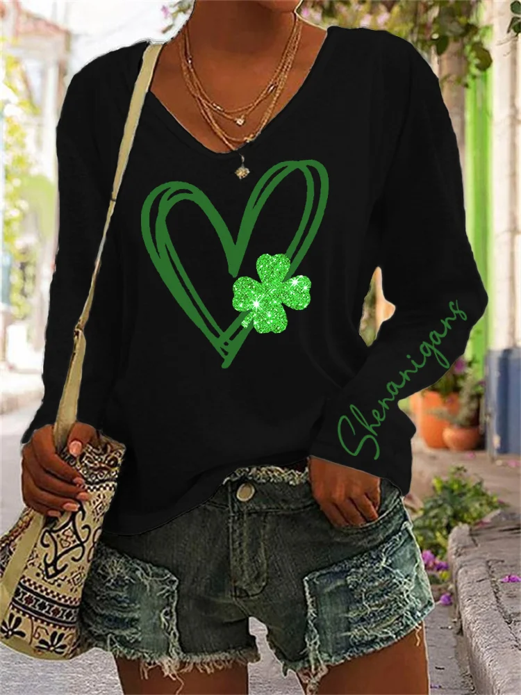 Wearshes St. Patrick's Day Shenanigans Glitter Shamrock Heart T Shirt