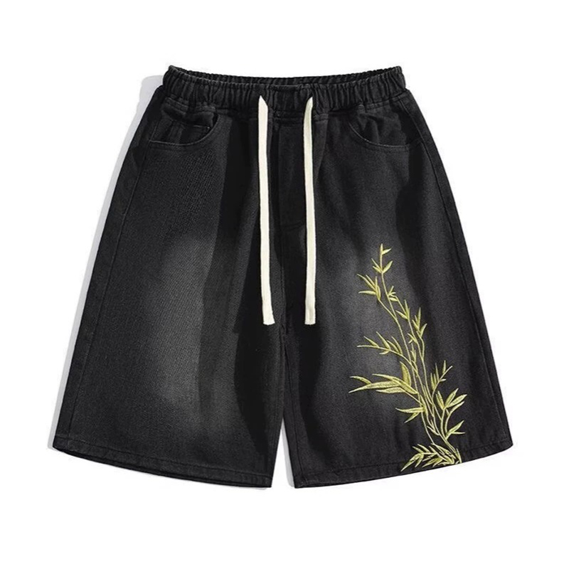Oriental Art Bamboo Embroidery Denim Shorts
