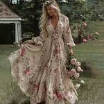 Women's Vintage Rose Floral Embroidery Art Casual V Neck Maxi Dress - Image 2