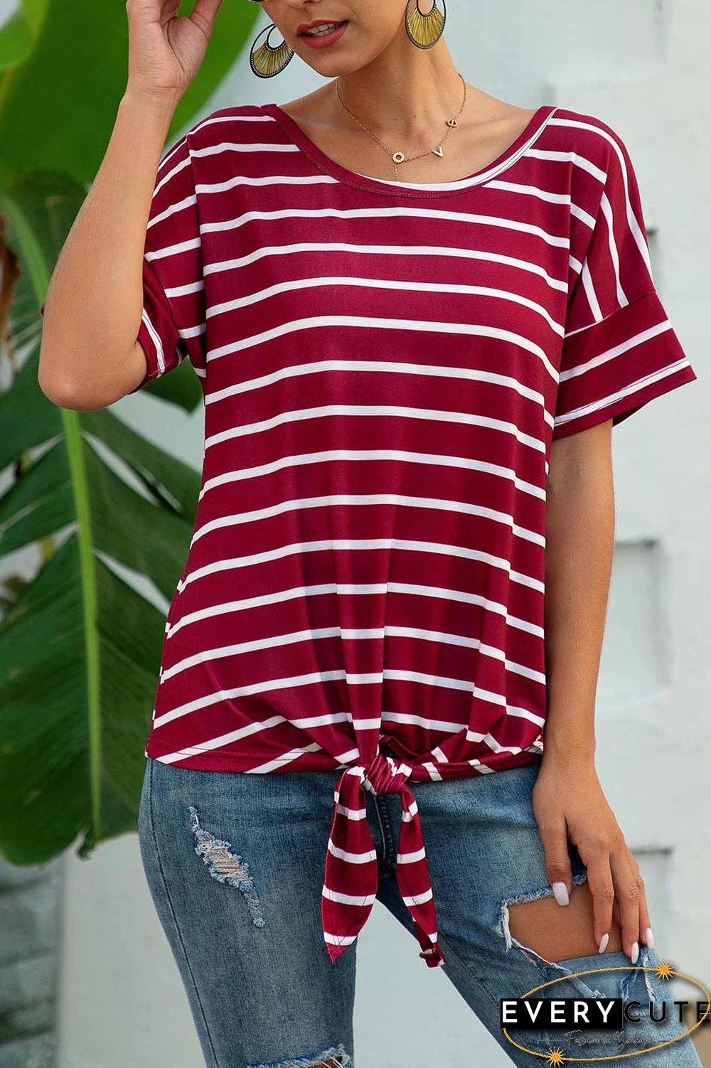 Striped Knot Hem Scoop T-shirt