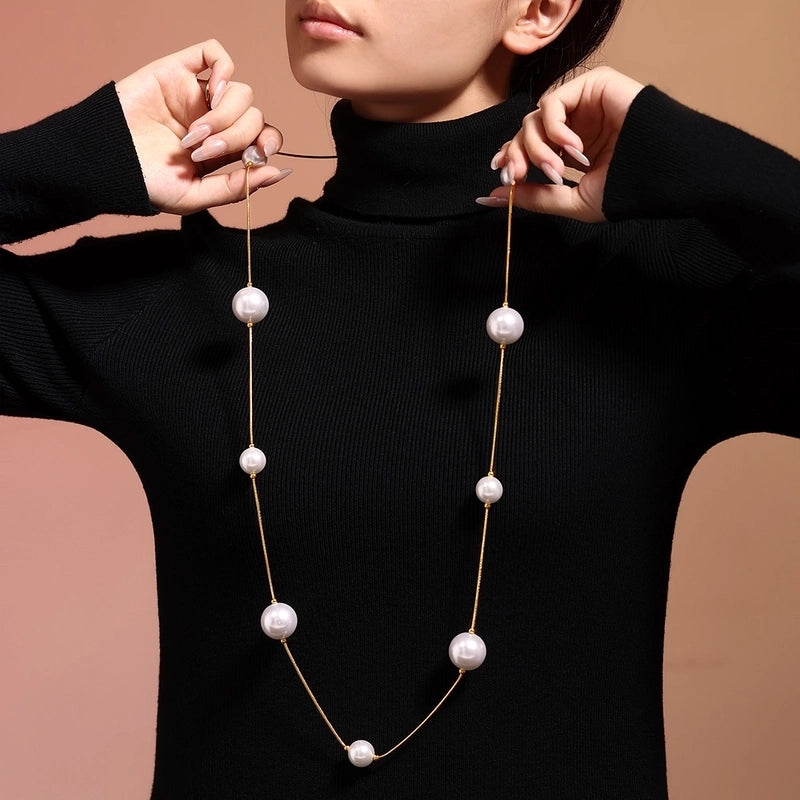 Europe And America Geometric Highlight Shell Pearls Sweater Chain Stainless Steel 18K Gold Plated PVD Long Sweater Accessories