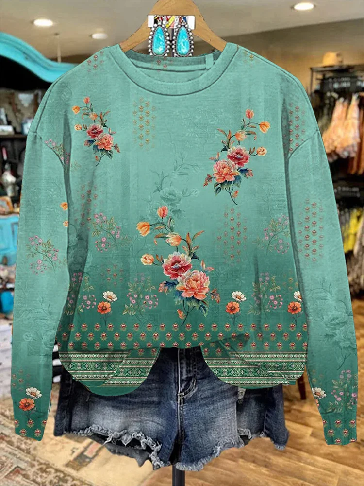 Gradient Flowers Artistic Graffiti Women's Print Casual Cotton Sweatshirt