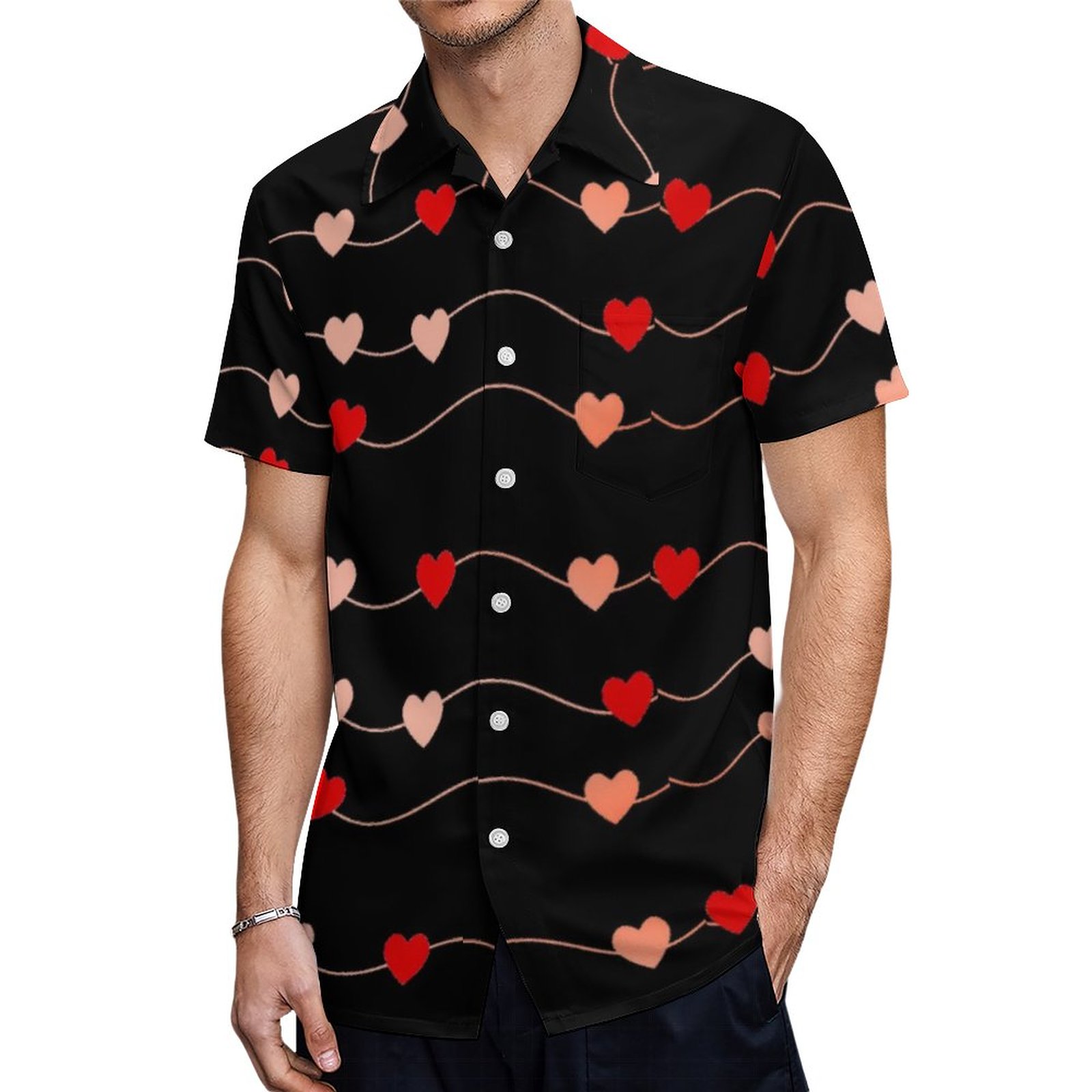 Valentines Day Black Pink Red String Of Hearts Hawaiian Shirt Mens Button Down Tropical Hawaii Beach Shirts
