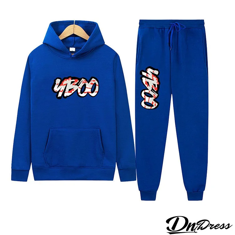 Men Casual Solid Long Sleeve Hat Rope Pocket Design Letter Print Hoodie And Drawstring Waist Jogger Pants Two-Piece Set