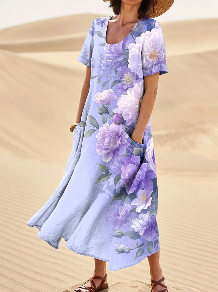 Mixed Floral Art Printed Women's Linen Pocket Dress