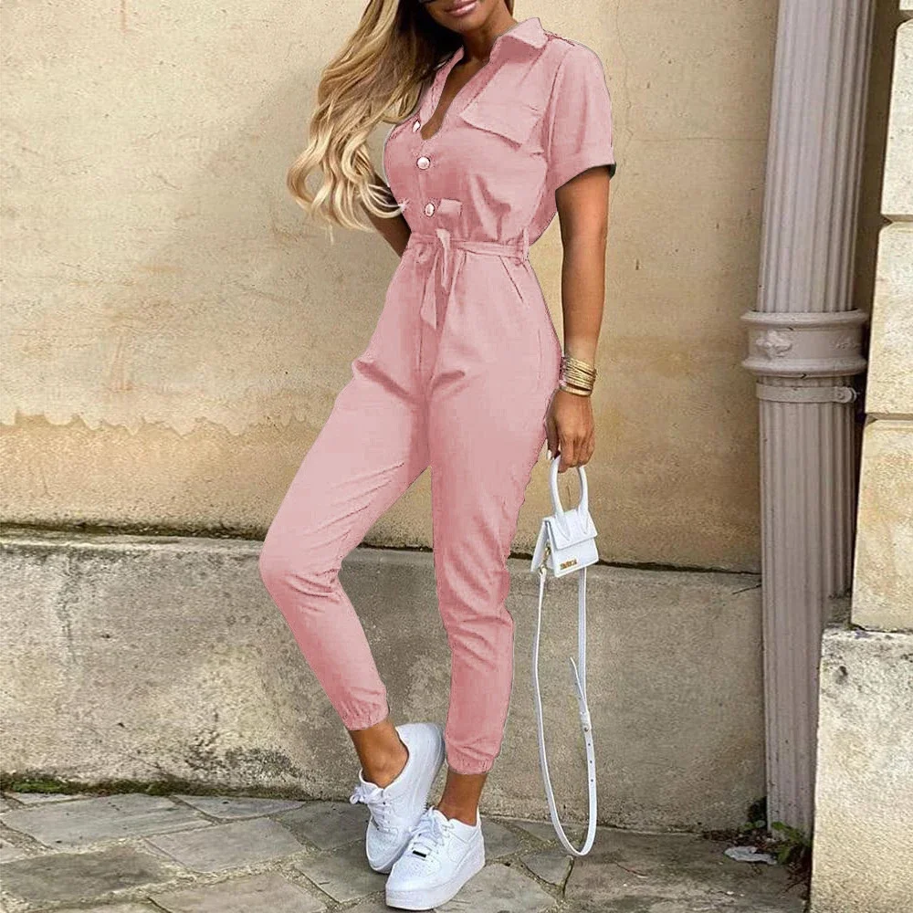 Women's Casual Lapel Printed Belt Tooling Jumpsuit Casual Suit