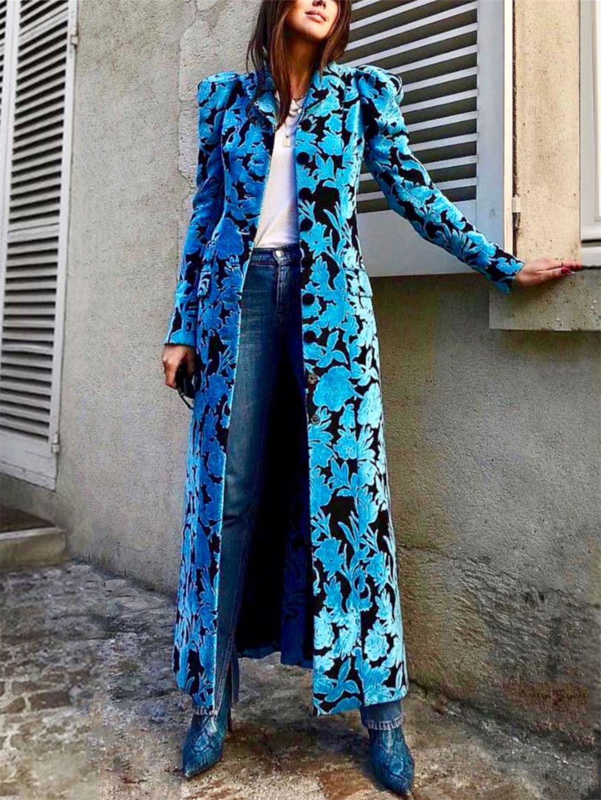 Fashionable Vintage Floral Pattern Lapel Collar Velvet Blazer Long Coat