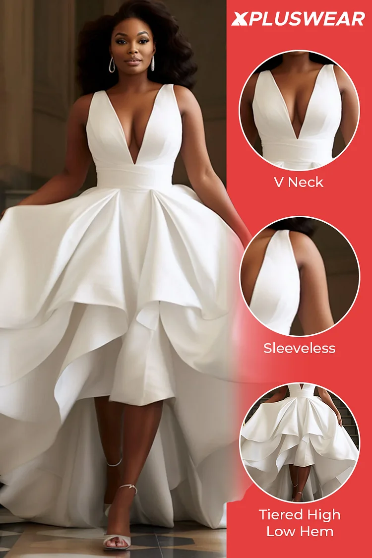 Xpluswear Design Plus Size Wedding White V Neck High Low Hem Tiered Maxi Dresses [Pre-Order]