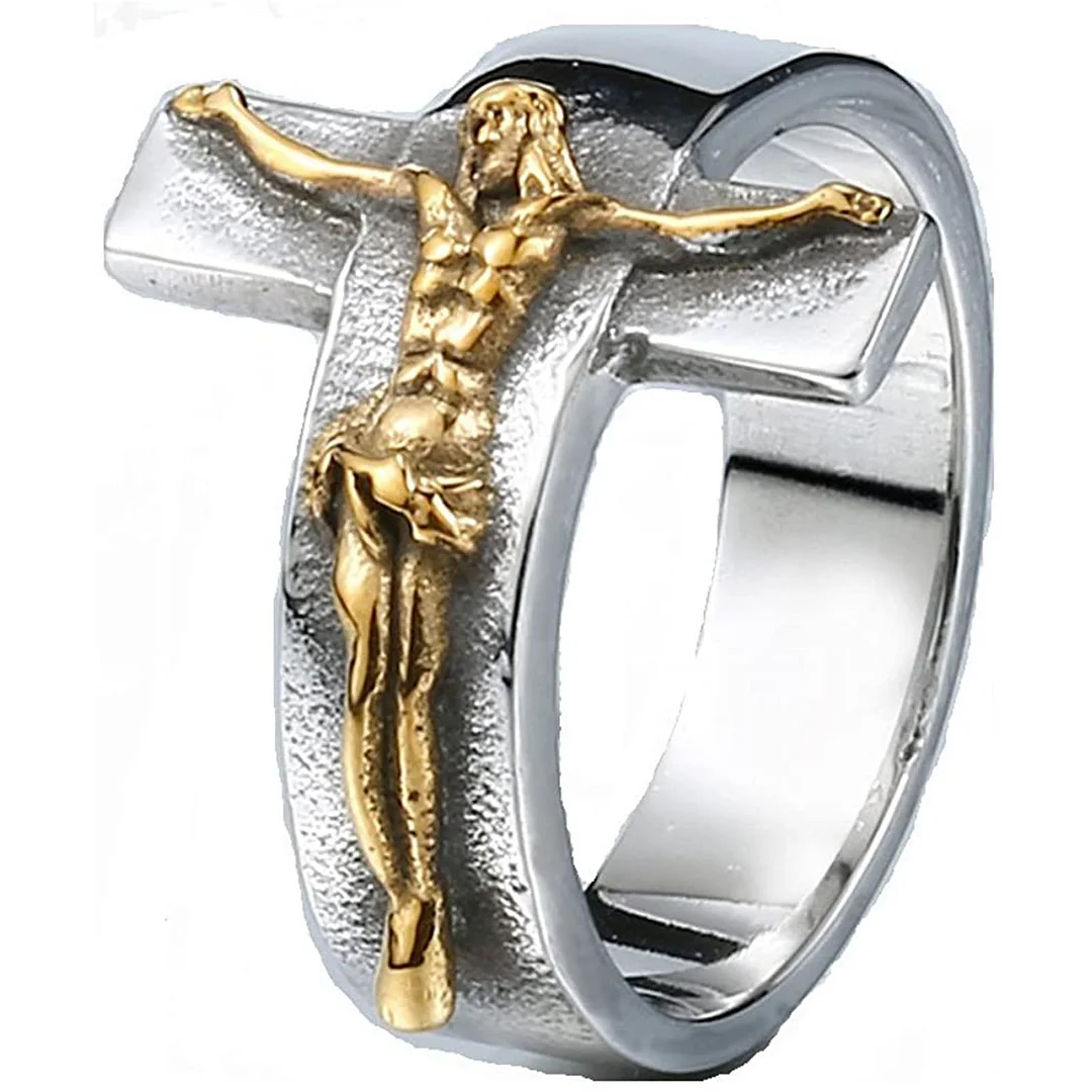 JAJAFOOK Men's Vintage Stainless Steel Jesus Cross Band Crucifix Ring,Silver Gold