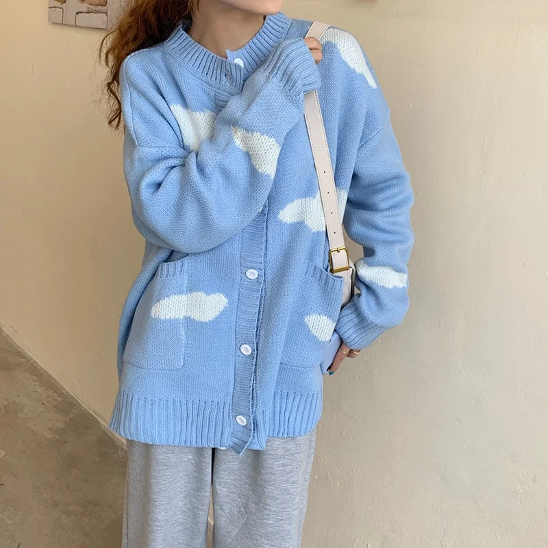 Uveng Female Cardigan Cute Print Clouds O Neck Loose Casual Lady Long Sleeve Knitted Cardigan Women Jacket Blue White