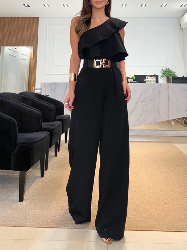 Asymmetric Falbala Plain Sleeveless Wide Leg One-Shoulder Jumpsuits