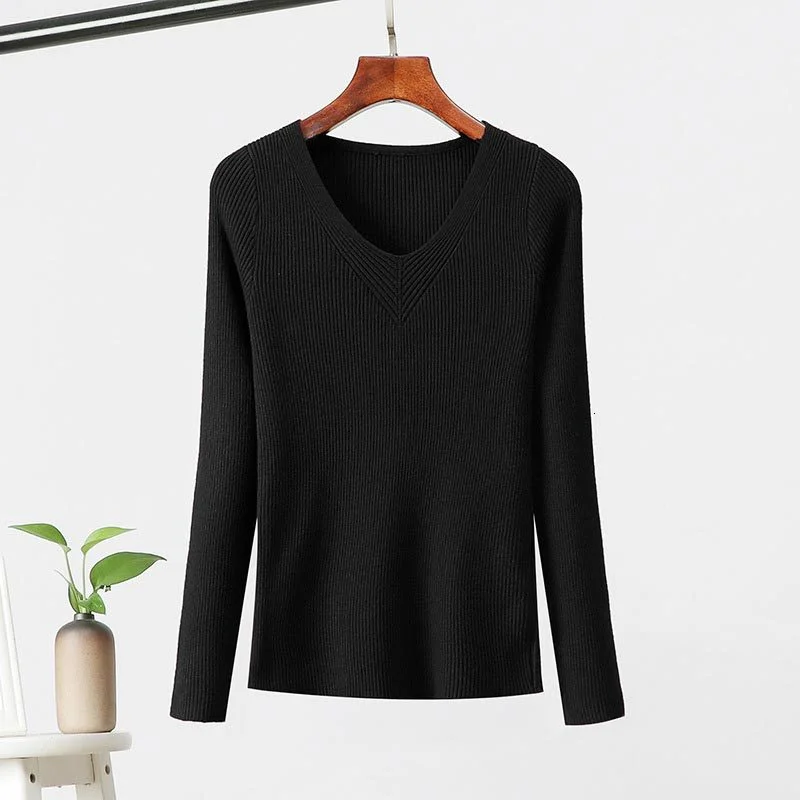Women 2019 Fall Winter Slim V Neck Pullover Casual Slim Harajuku Knitted Sweater Korean Chic Tops Solid Elegant Jumpers