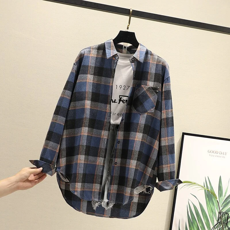 Women Blouses Shirts Tunic Womens Tops 2020 Long Sleeve Clothing Button Up Down Plaid New Fashion Autumn Turn-down Collar Good