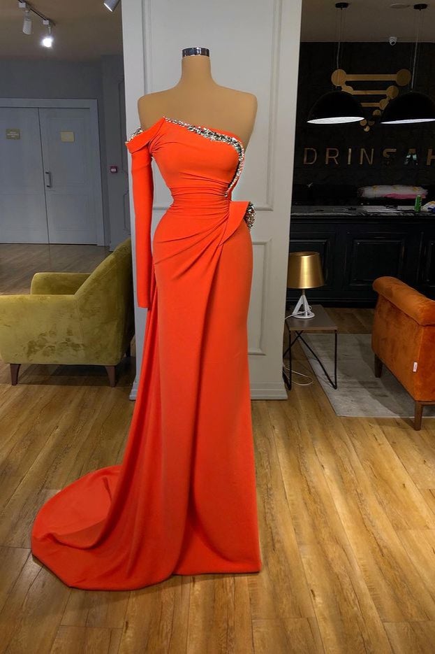 Oknass Orange Long Sleeves Sequins Mermaid Prom Dress
