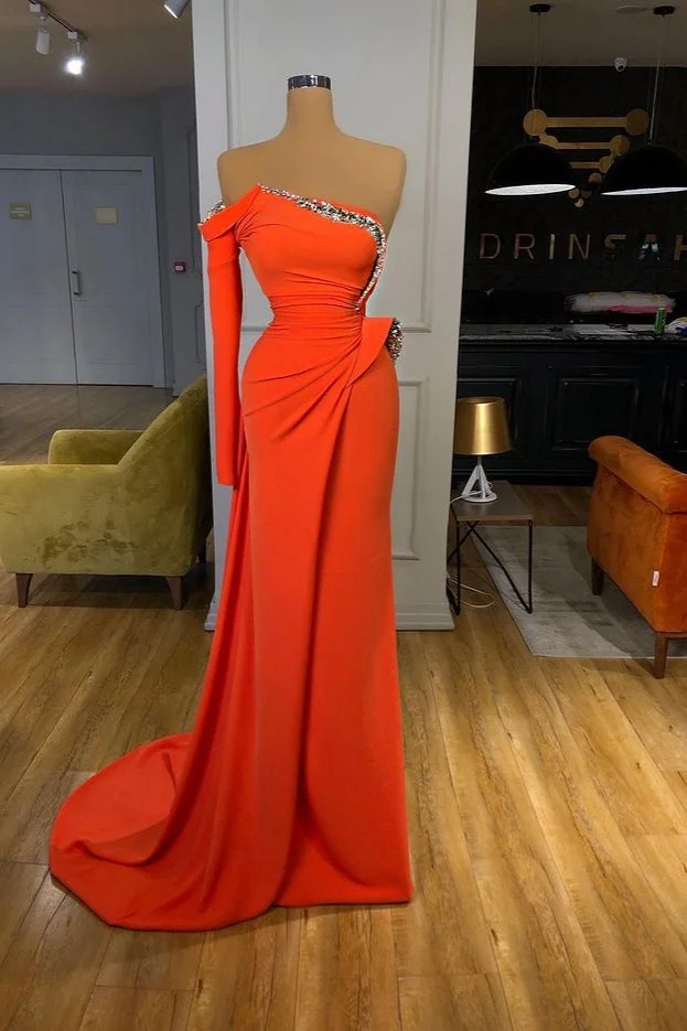 Bellasprom Orange Sleeves Prom Dress Mermaid With Sequins Long