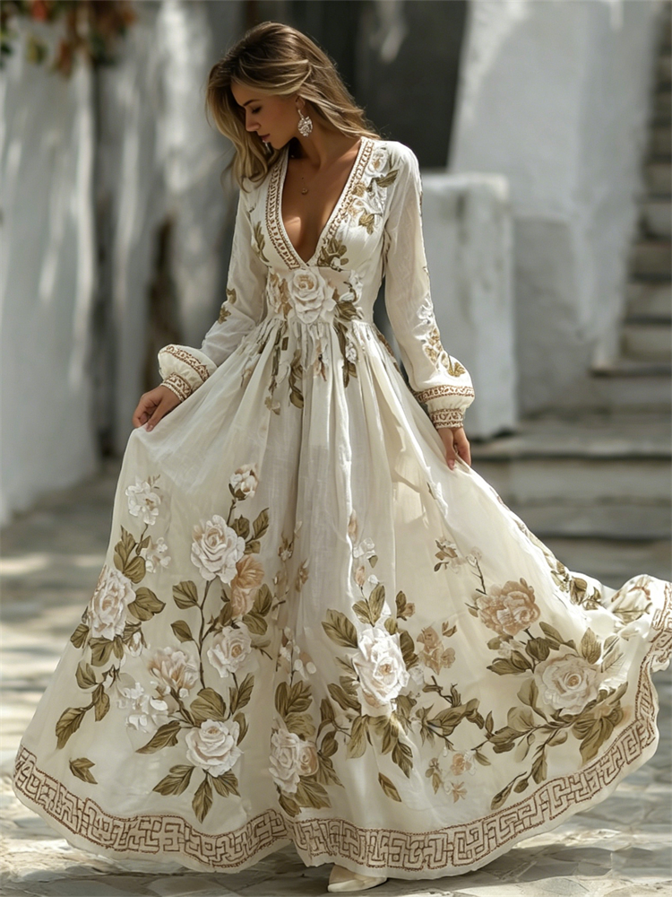 Boho White Roses Wide Skirted Flowy Linen Maxi Dress elevenforest