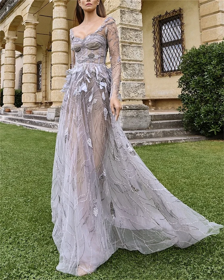 Women's Long Sleeve Mesh Embroidery Dress