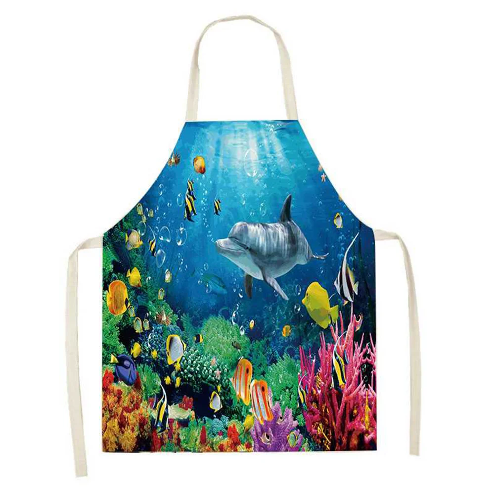 Linen Print Apron - Ocean- 82x68cm